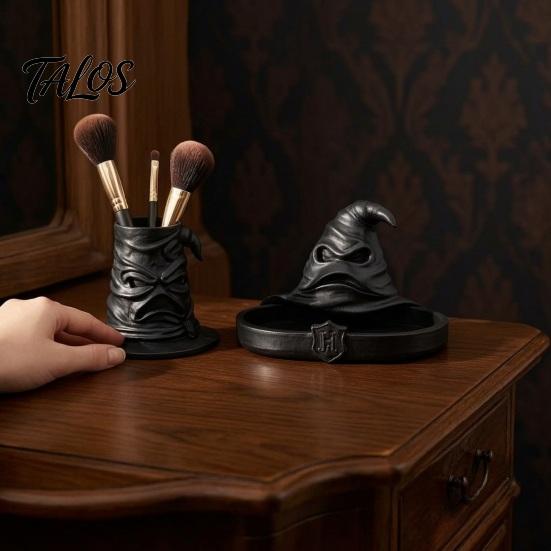 Minimalist Tabletop Organizer Wizard Hat Storage Box, Gothic Desk for Makeup Brushes And Compact Countertop Case Pens, Dark Academia Vintage Halloween