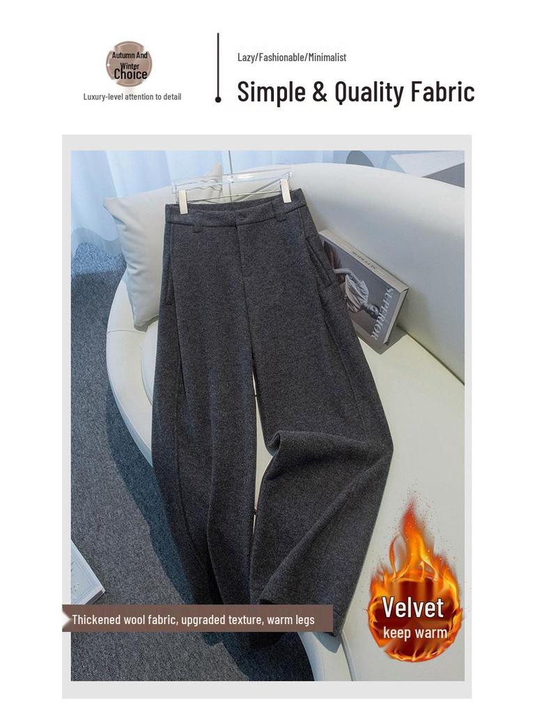 Women's 2025 High-Waist Pleated Wool Scimitar Pants: Autumn/Winter Wide-Leg, Plus Velvet, Warm, Casual, Banana Pants.
