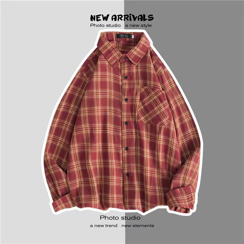 

Рубашка оверсайз в клетку в стиле рабочей одежды - Модная с длинным рукавом, Повседневный ретро-стиль, Универсальная осенне-зимняя верхняя одежда для пар M красный