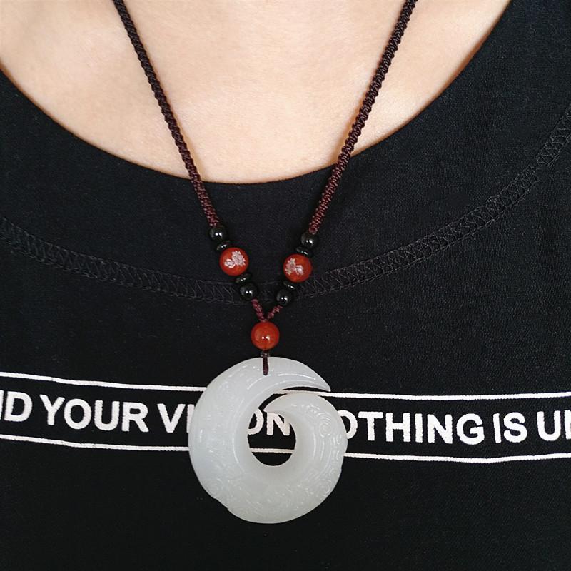 Antique Afghan White Jade Universe Good Luck Pendant with Recurrent Pattern Sweater Chain