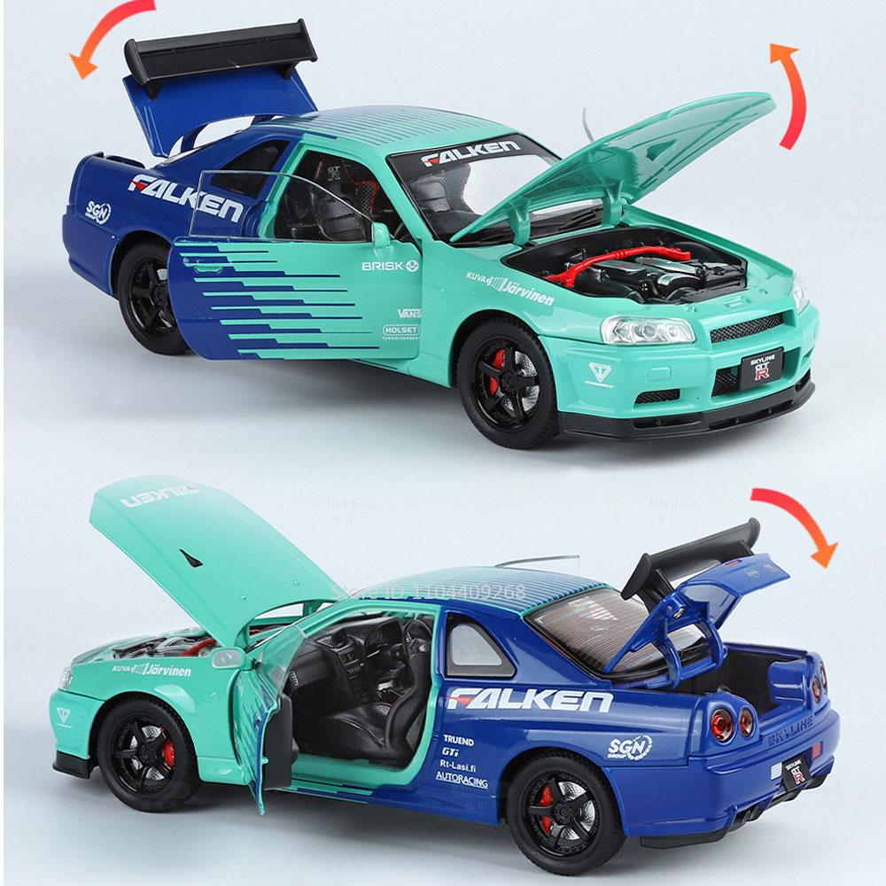 Scale 1:24 GTR R34 SKYLINE R35 Sports Car Model Toy Music Light Pull Back Doors Opened Miniature Models Collection Kid Gifts