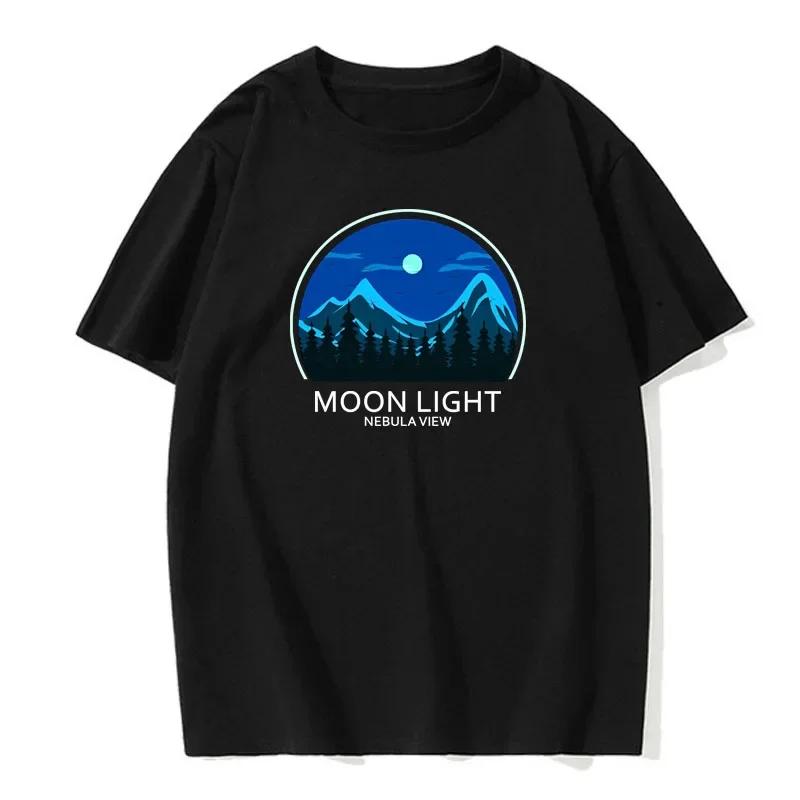 Men's summer mountain night pattern printed T-shirt, 100% cotton round neck, high-quality, fashionable and versatile top