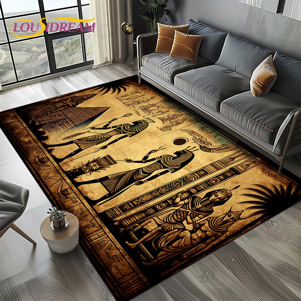 2025 Antikes Ägypten Hieroglyphen Mythologie Wandmalerei Teppich für Wohnzimmer Schlafzimmer Sofadekoration,Rutschfeste Bodenmatte
