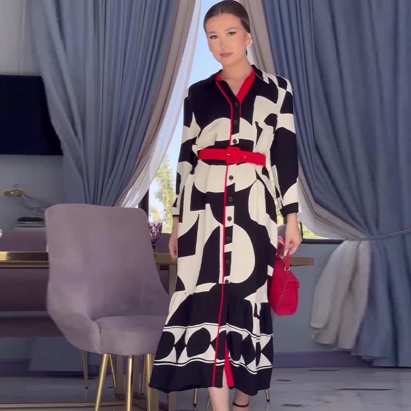 2024 Autumn Women's Fashion Color Block Print Casual Long-Sleeve Dress