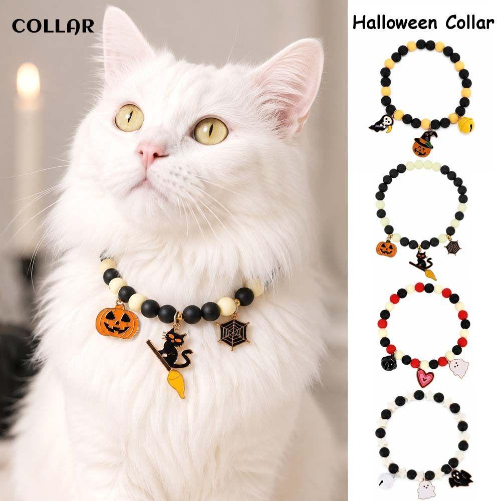 Elastic Halloween Cat Collar Ghost Pendant Kitten Collar Cute Ghost Beaded Necklace  Party Costume