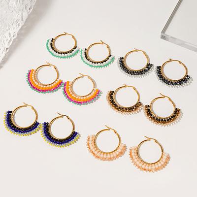 Kolip Retro Earrings For Women, Elegant Geometric Round Hand-made Beaded Contrast Color Pearl Earrings