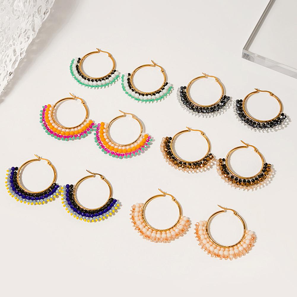 Fashion Retro Earrings For Women Elegant Geometric Round Hand-made Beaded Contrast Color Pearl Earrings