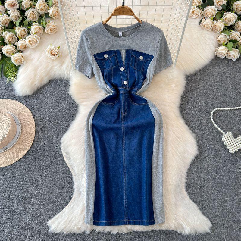 

Internet Celebrity Niche Style Patchwork Denim Dress round Neck Short Sleeve Gray M