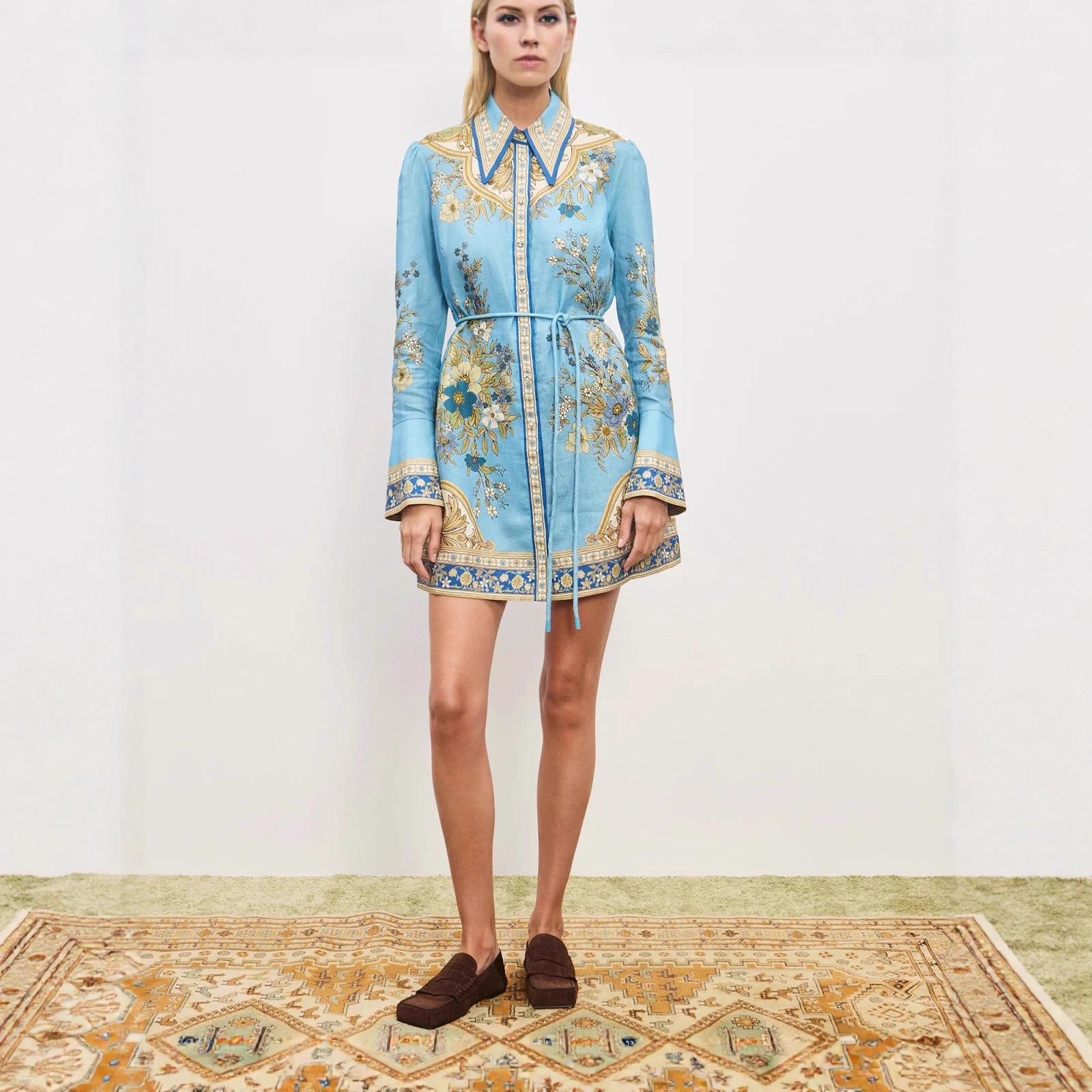 2025 European-American Linen Print Casual Fashion Shirt Dress XL
