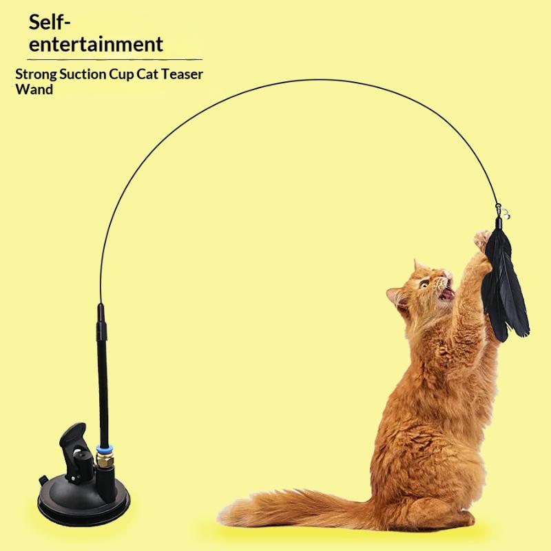 Interactive Cat Feather Wand Toy Suction Cup Hands-Free Cat Teaser Toy With Replaceable Feathers For Kitten Play