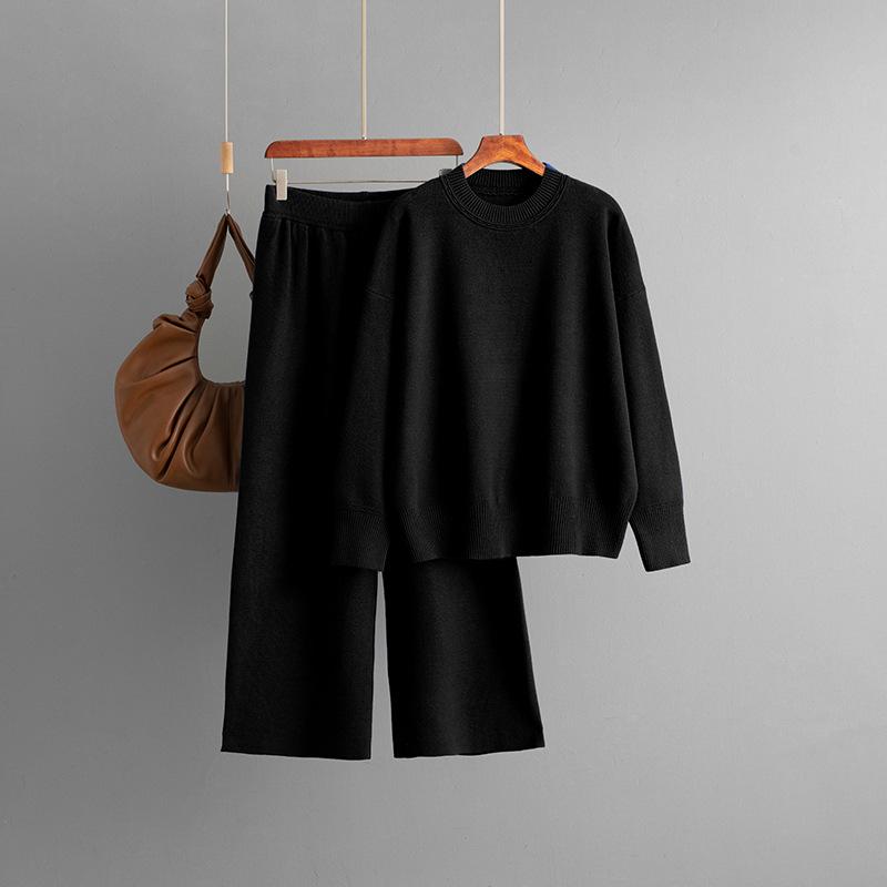 Wind Women's Suit Autumn and Winter New Round Neck Loose Knitted Sweater Casual Wide-leg Pants Two-piece Set