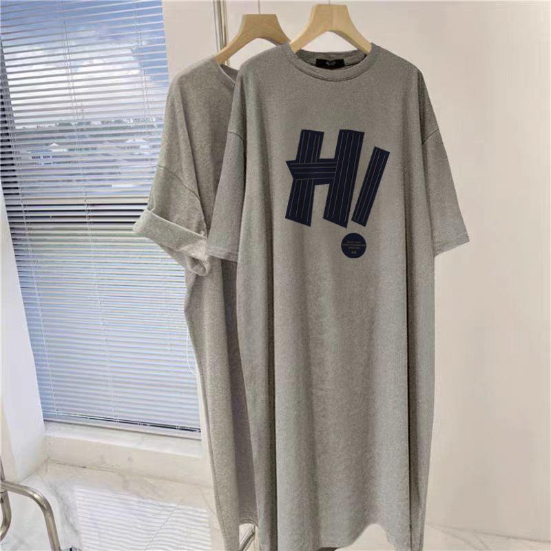 Medium and Long Knee-length Pure Cotton Gray Short-sleeved Dress Women's Summer New Foreign Style Loose Split-ended T-shirt Skirt
