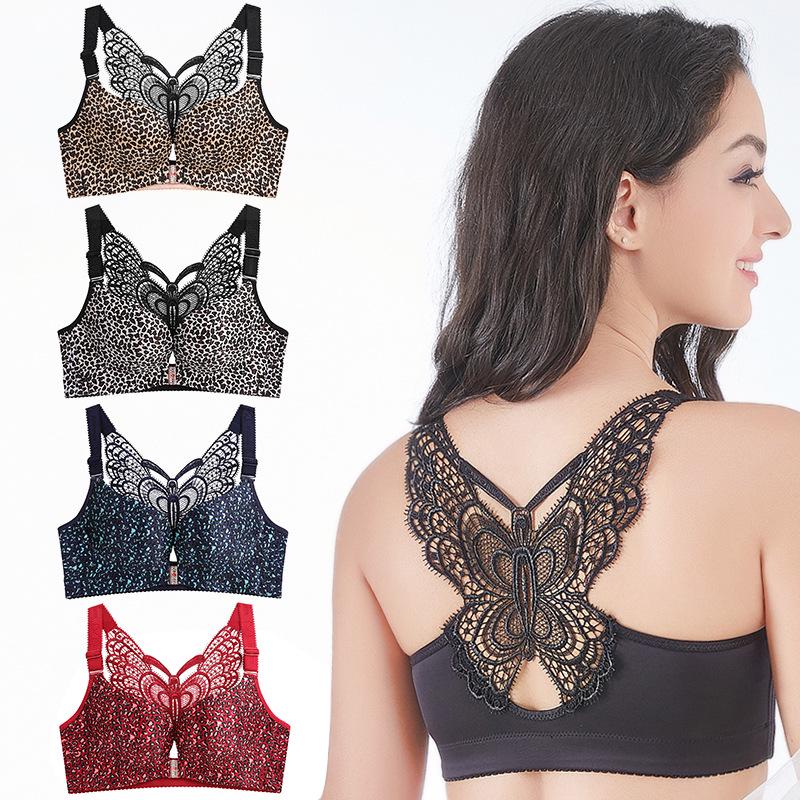 Woman Plus Size Front Buckle Leopard Grain Lace No Rims Lace Butterfly Beauty Back Adjustable Gathered Underwear