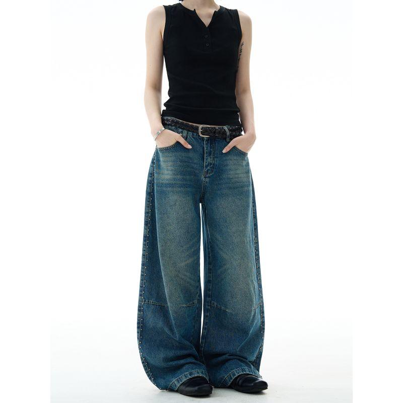 Madwitch American-Style Deconstructed Beaded Washed Denim Pants for Men and Women, Niche Design, Vintage Wide-Leg Pants, Trendy