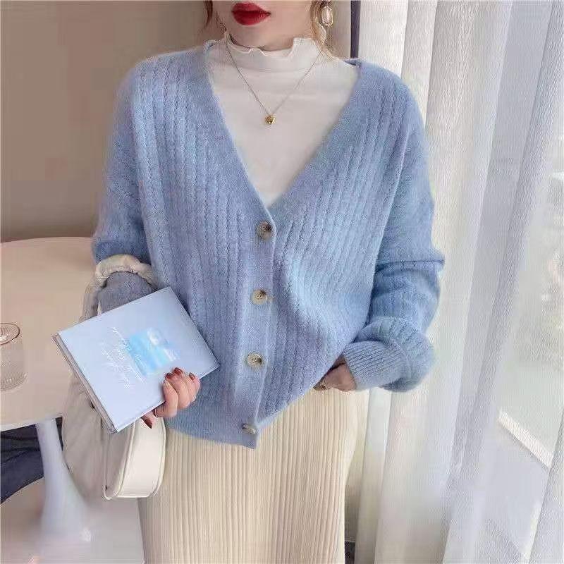 Autumn Winter Fashion V Neck Cardigan Women Sweater New Elegant Loose Retro Knitted Jacket Versatile Solid Casual Office Gentle Simple Coats Clothing