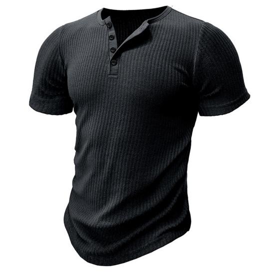 Letní pánské tričko s krátkým rukávem, knoflíkovým výstřihem do V, jednobarevné, žebrovaně pletené, pružné, slim fit, americký styl, pro svalovce, fitness, cvičební top