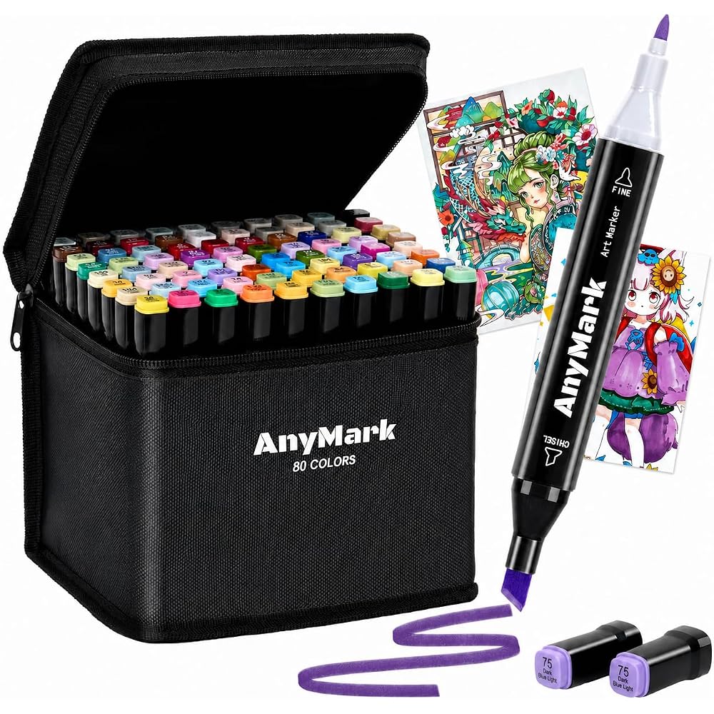 AnyMark Illustration Markers, 80 Color Alcohol Markers, Dual Tip, Professional Art Supplies Set f...