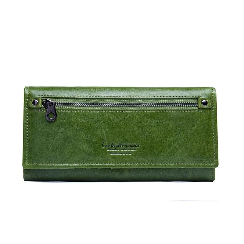 

Fashion Genuine Leather Long Wallet Women Metal Zipper Photo Card Holder Money Bag Female Family Gift Coin Purse CONTACTS L зелений