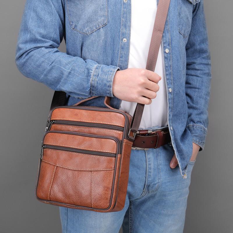 Fashionable Luxurious Men's Leather Single Shoulder Small Toe Bag With Layered Cowhide Men European American Retro Crossbody