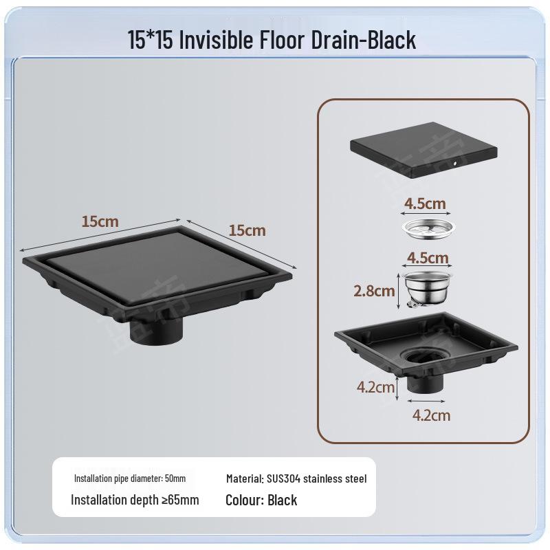 15x15 Odor-Proof Invisible Floor Drain, 304 Stainless Steel, Concealed for Bathroom or Shower Room