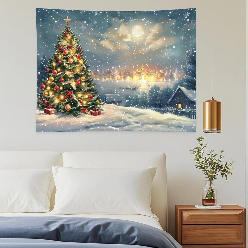 Christmas Studio Tapestry Wall Hanging Christmas Wooden Doors Windows Winter Snow Scene Xmas Trees Gifts Art Wall DecorChristmas