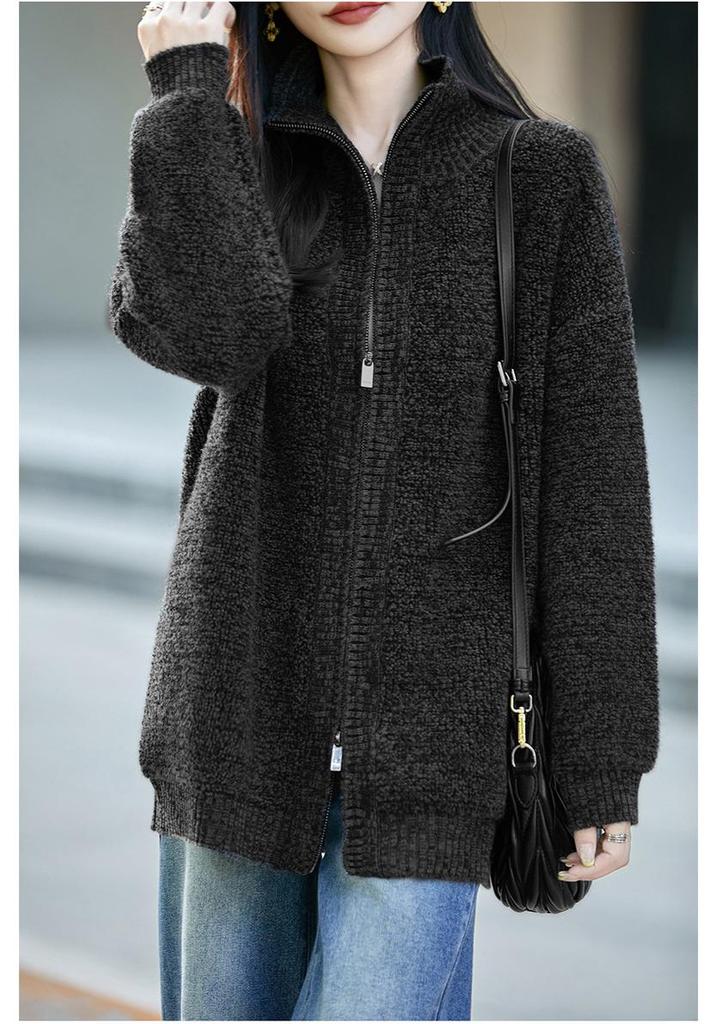 Women's Pure Wool Zipper Knit Cardigan - Long Sleeve, Soft, Warm, Solid Color for Autumn/Winter