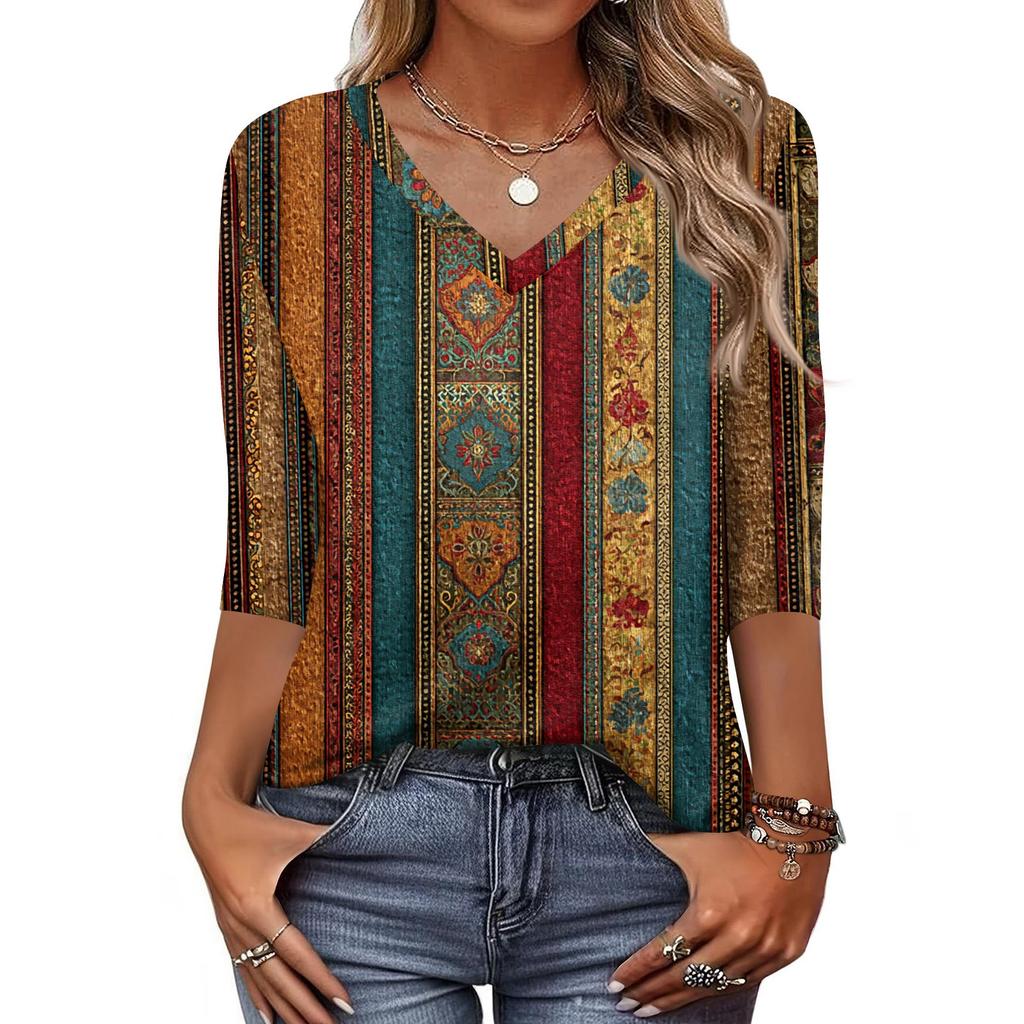 Women's T Shirt Print 3/4 Sleeve Daily Weekend Fashion Basic V- Neck Regular Top