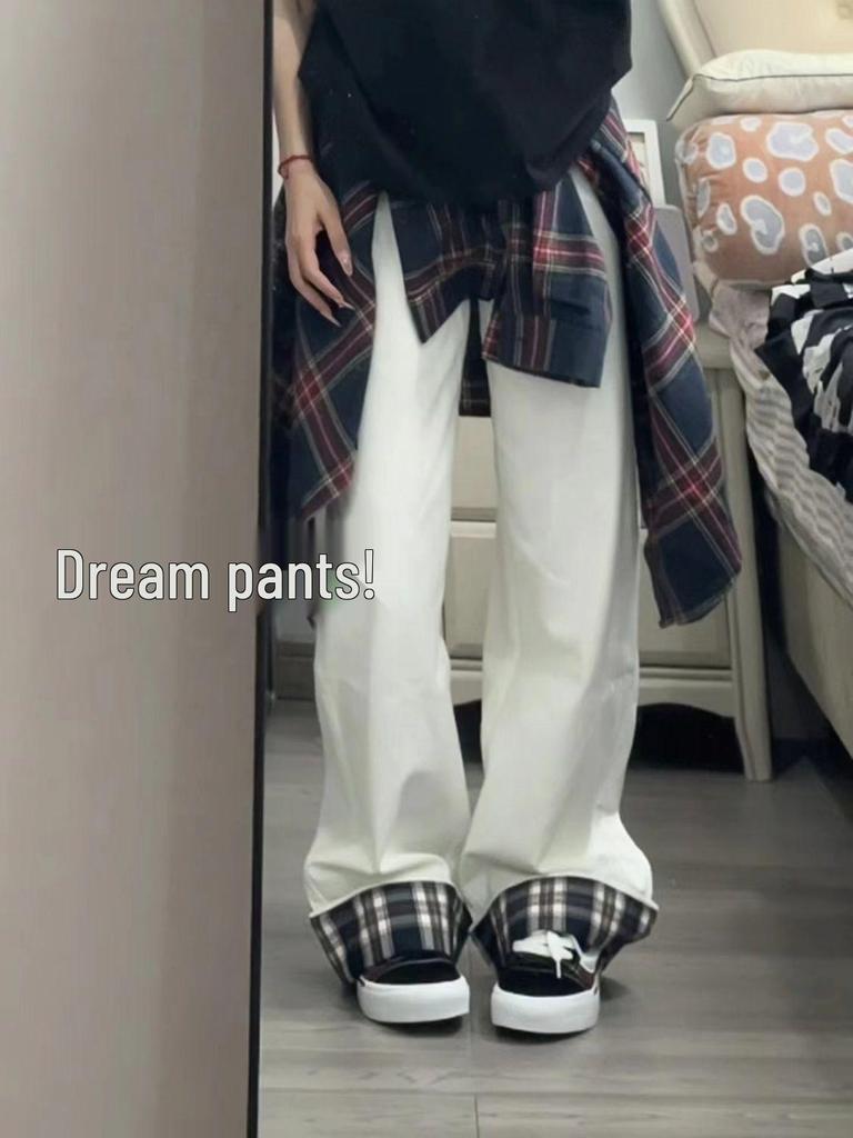 Women's Autumn White Plaid Patchwork Ruffle High-Waist Wide-Leg Jeans