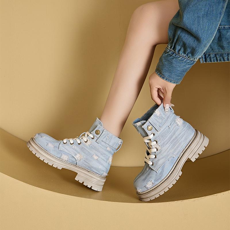 Autumn Small Size Washed Denim Martin Boots Women's Korean Version Ripped Thick Sole Inner Height Increase Women's Shoes Lace-up Casual Shoes