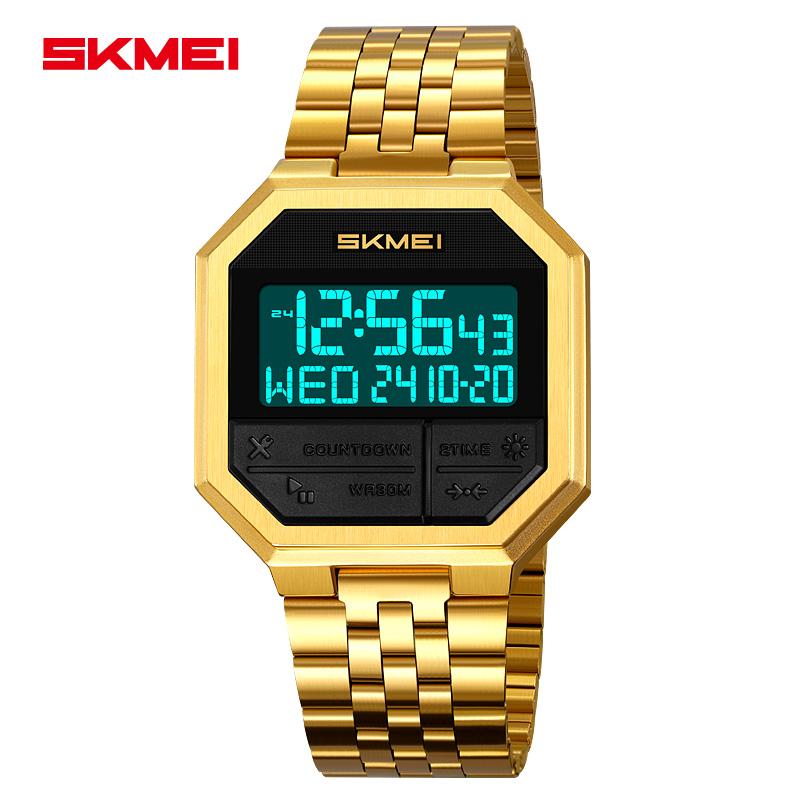SKMEI 2350 Small Square Men's Electronic Watch Multifunction Business Style Steel Strap Waterproof Male Digital Wristwatch