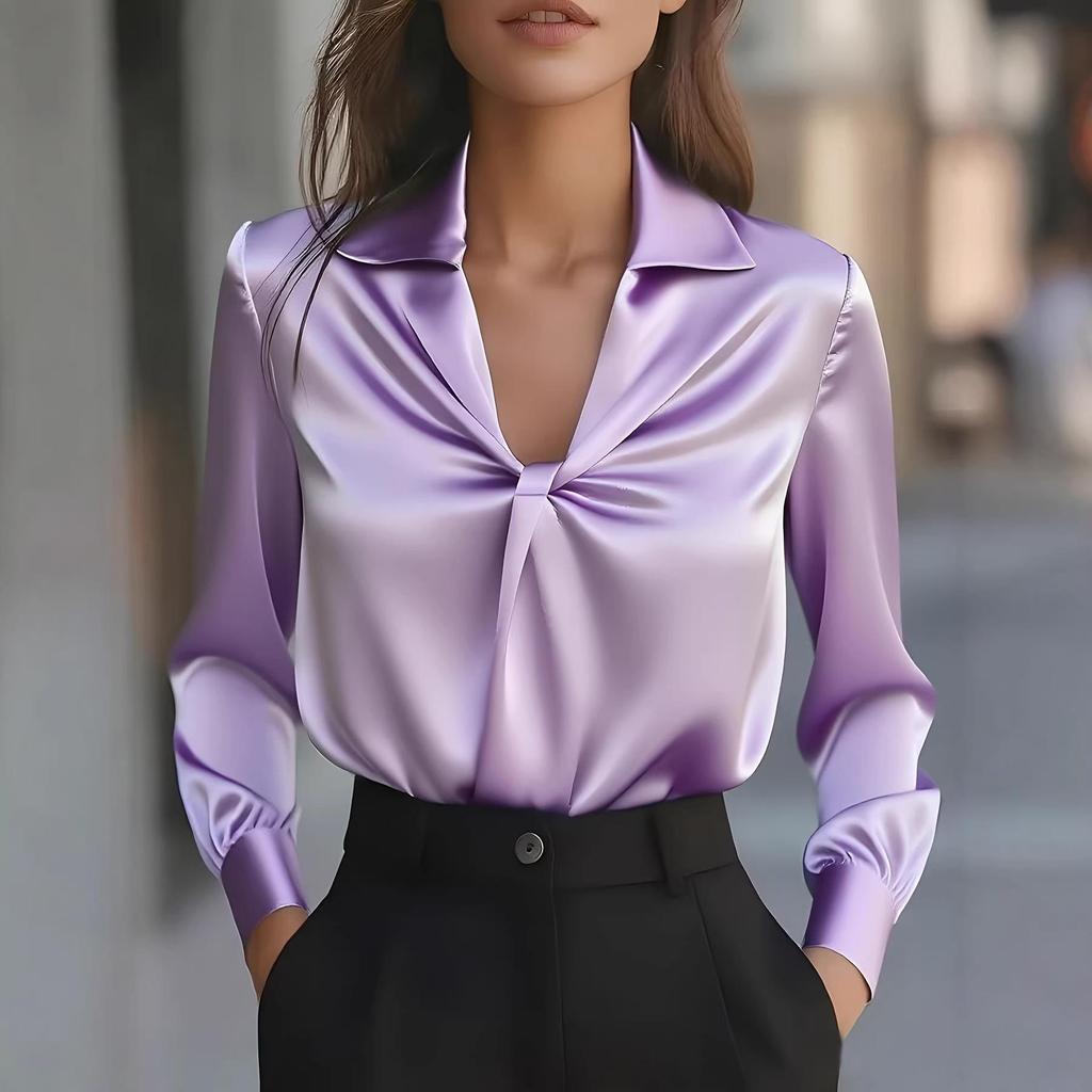 Autumn Fashion Solid Color Satin Pleated Long Sleeve Shirt for Women