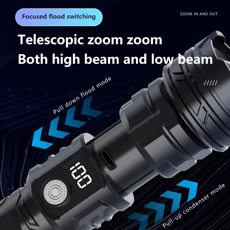 New Digital ABS Flashlight with Strong Light Zoom, Long-lasting Camping LED Light Outdoor Portable Searchlight