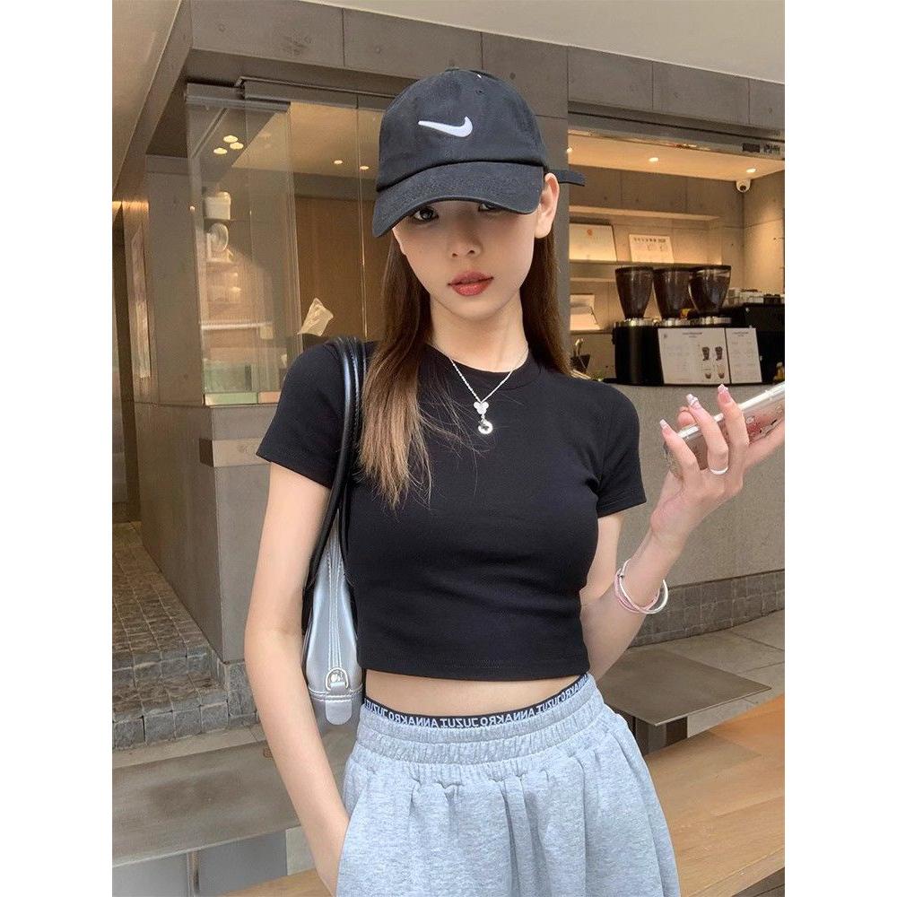 Sweet Spice Girl American Front Shoulder Crew Neck Short Sleeve T-Shirt Women's Summer New Slim-fit Mindful Top