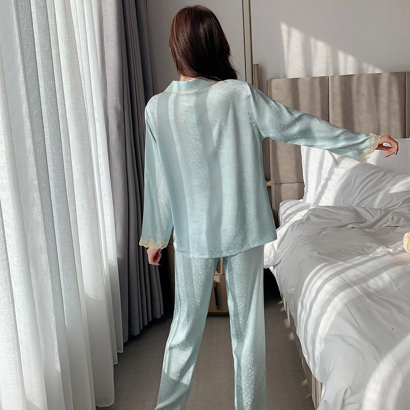 Women's Spring and Autumn Lace Loungewear Ladies 2-piece Long Sleeve Pajamas Set Summer Thin Ice Silk Homewear