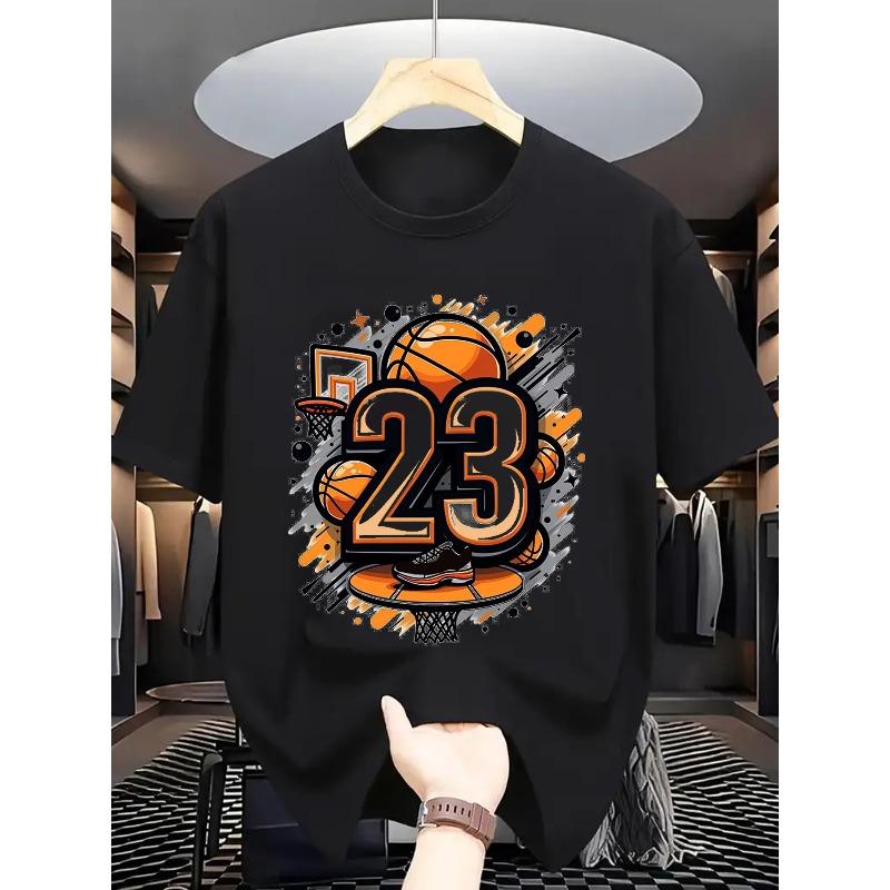 Men's Summer Casual T-Shirt with Vibrant Basketball Graphic Print, Lightweight Cotton, Round Neck, Short Sleeve - Perfect for Sports & Leisure
