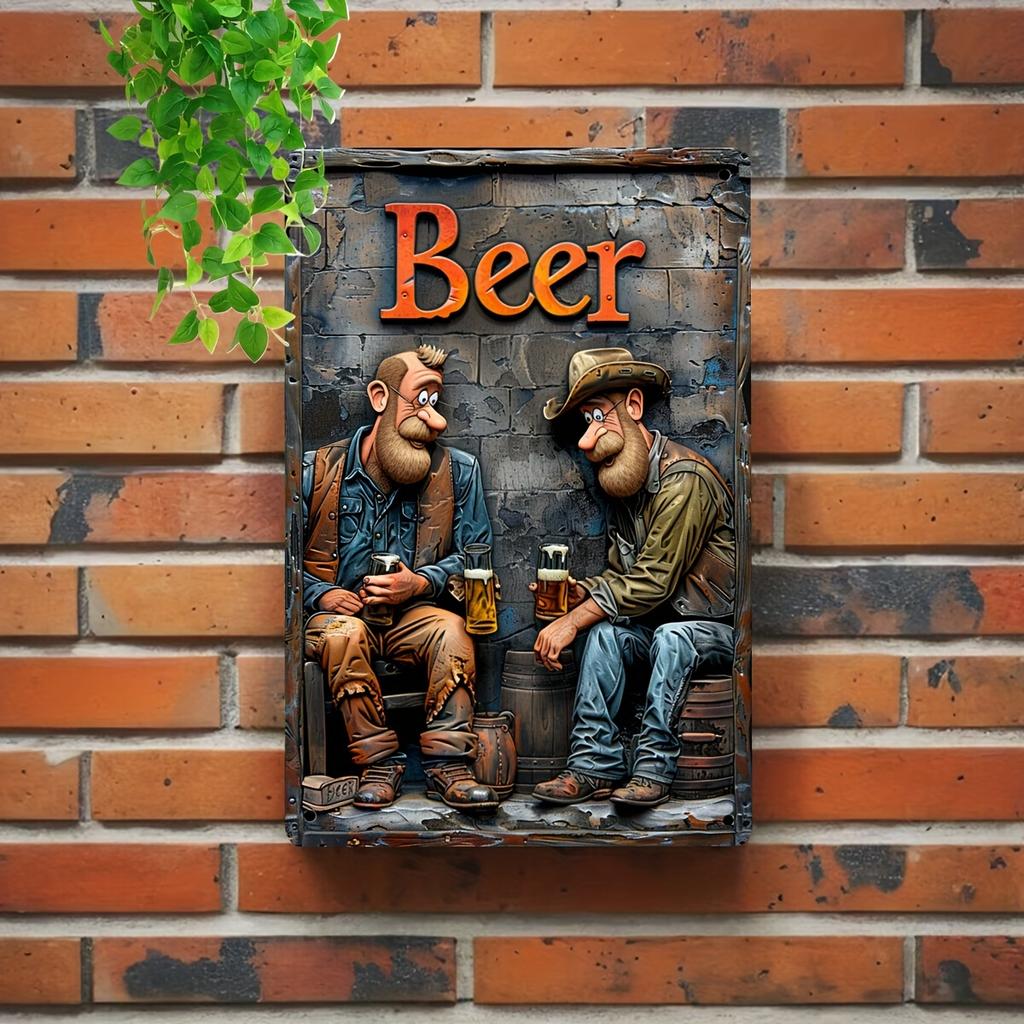 Vintage "Beer" Metal Tin Sign , Retro Wall Art with Western Cowboy Design, Beer-Themed Decorative Plaque for  Humorous Decor