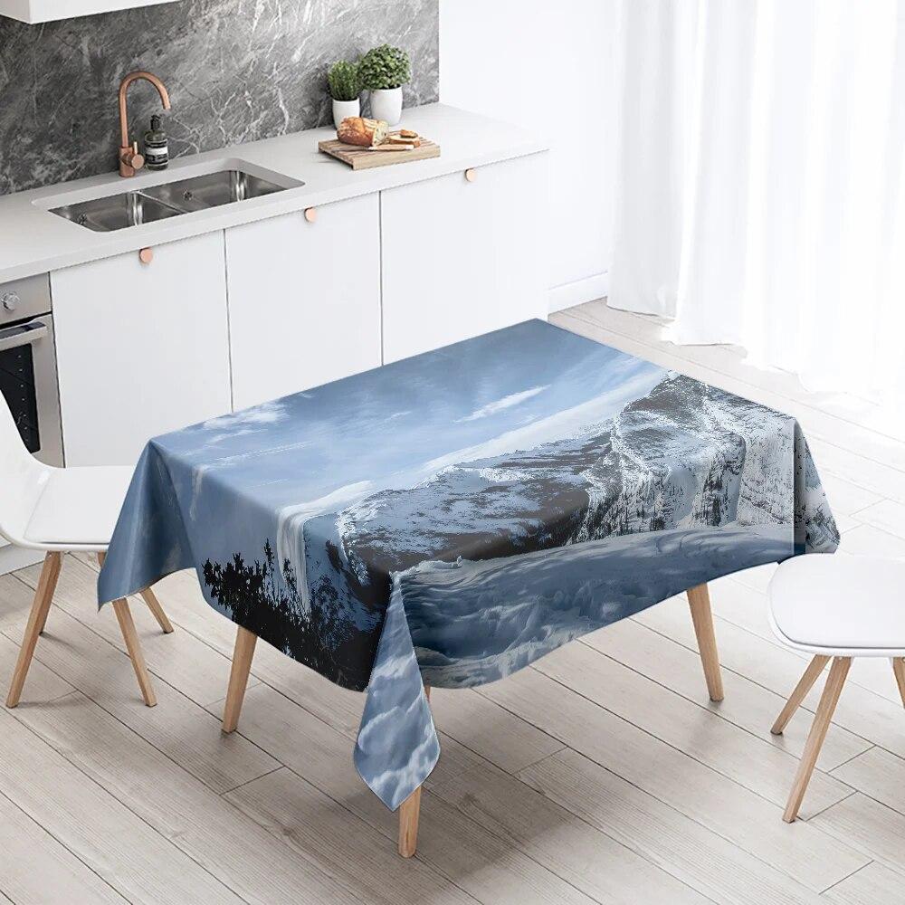 Față de masă cu zăpadă de iarnă frumoasă, anti-fouling, impermeabilă, dreptunghiulară, pentru decorarea casei