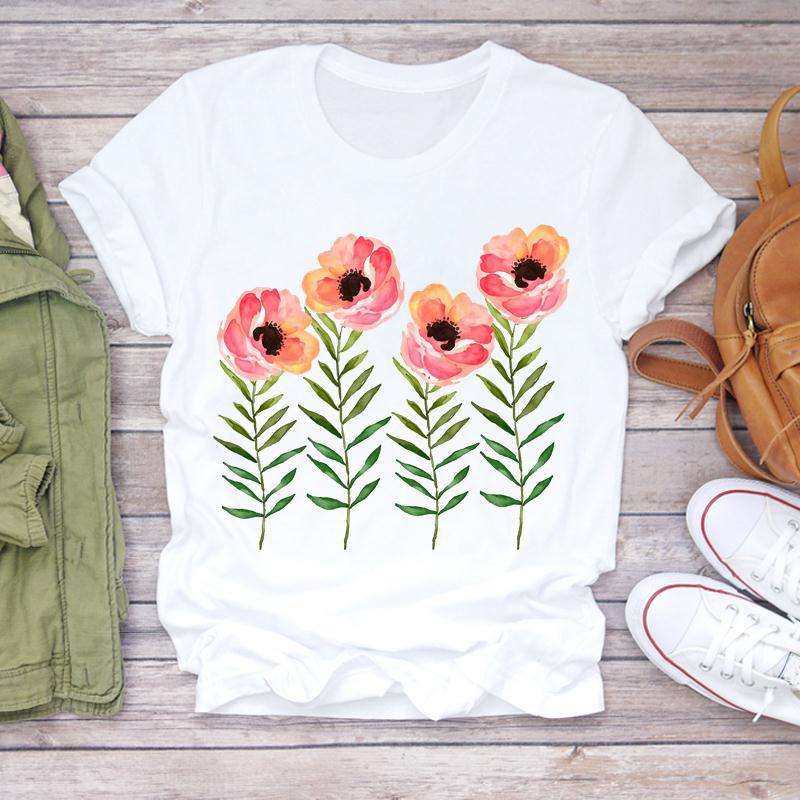 Summer Round Neck Floral Print Top Fashionable Casual Short Sleeved Women's Pure Cotton T-shirts