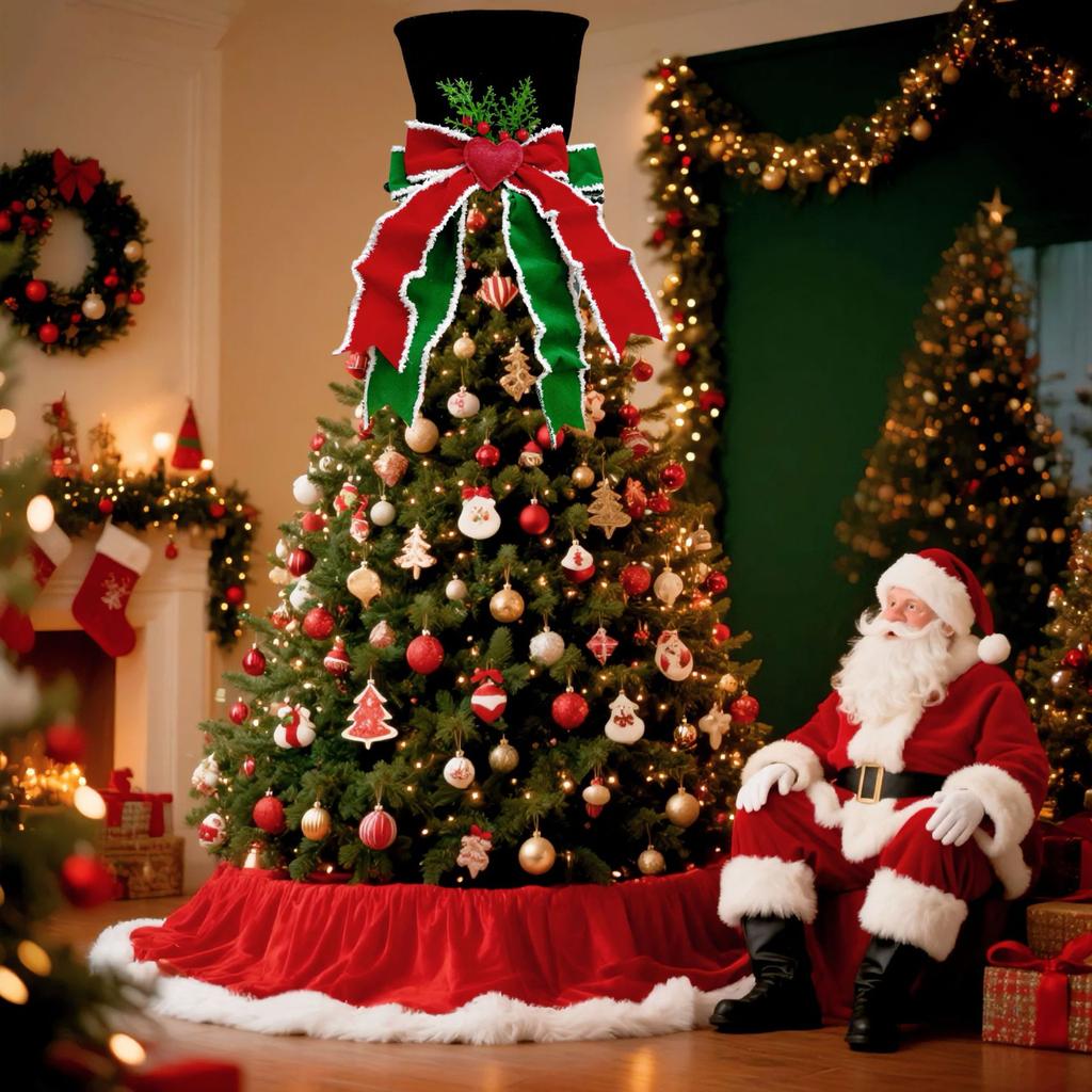 Christmas Tree Topper Hat Classic Heart Bow Hat Tree Topper Holiday Ornament for Home Decoration