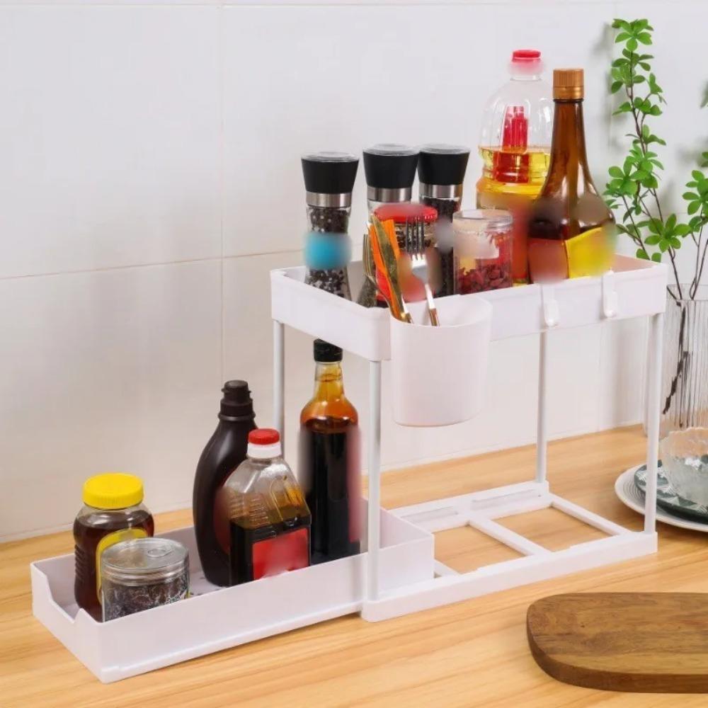 Kitchen Desktop Storage Rack Simple Double-deck Pull Out Type Storage Rack Save Space Household High-capacity Cabinet Organizer