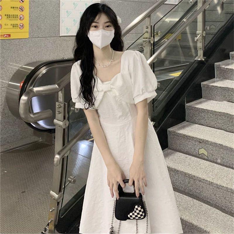French Sweet First Love Dress Bow Square Collar Waist Thin Dress Female Student Korean Version Medium and Long A-shaped Skirt