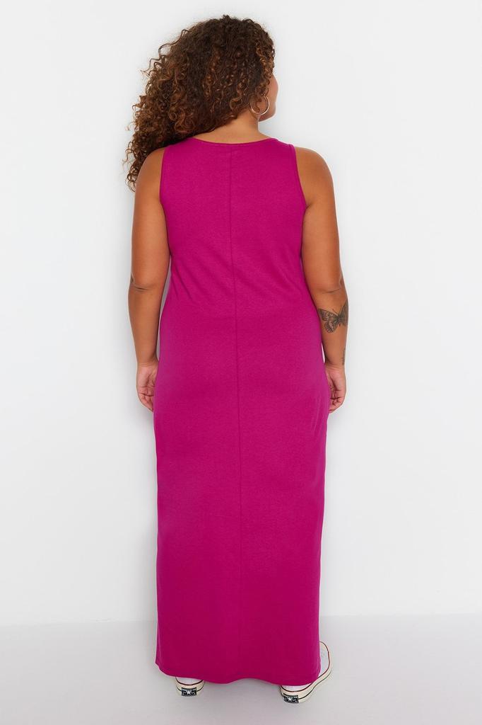 Women's Style Plus Size Fuchsia Shift Crew Neck Slit Knitted Dress