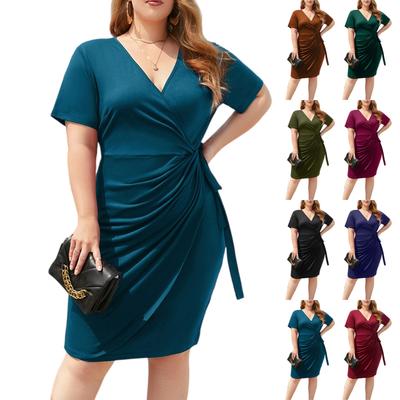 Women's Fashionable Plus Size Solid Color V Neck Short Sleeved Casual Vacation Strap Mid Length Dress