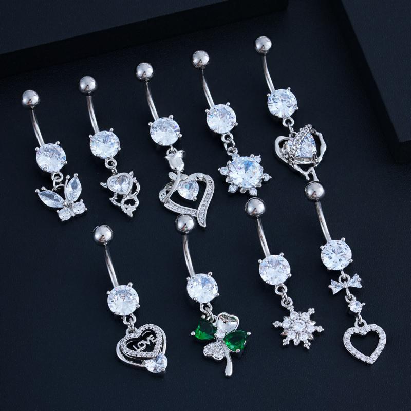 Butterfly Zircon Belly Button Rings Stainless Steel Heart Pendant Navel Piercing Barbell For Women Belly Ring Beach Jewelry