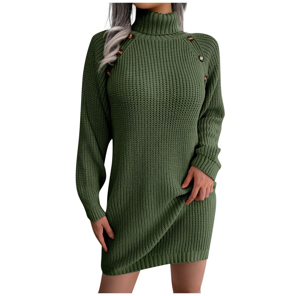 Women's  And Winter European And American Casual Button Turtleneck Long-sleeved Bottoming Sweater Dress
