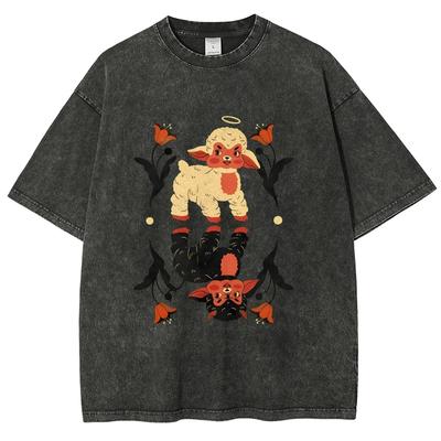 Cool Angel Demon Sheep T Shirts Unisex Washed Tees Men Women Short Sleeve T-shirts Cotton Streetwear T Shirts