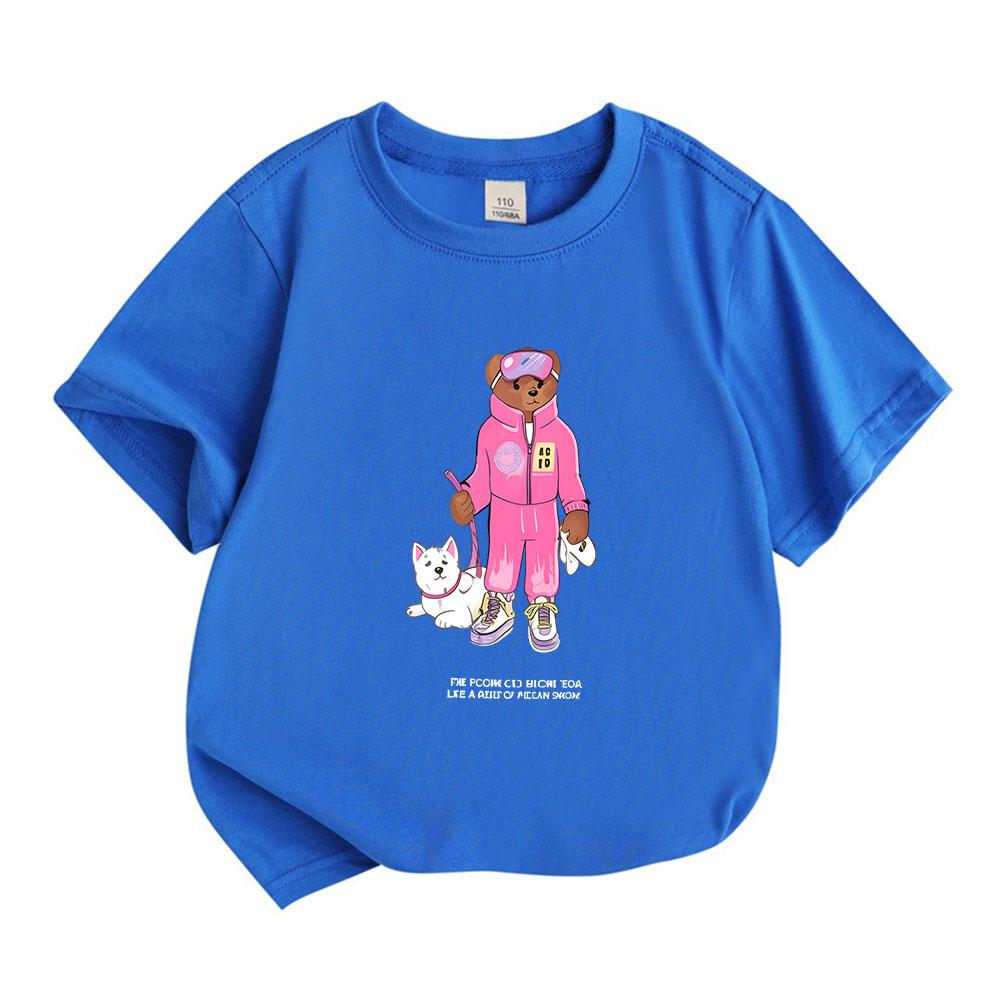 Kids Unisex 100% Cotton Crew Neck Short Sleeve T-Shirt, Cute Cartoon Bear in Pink Tracksuit with Pet Dog Print Casual Soft Tee for Boys Girls Daily We