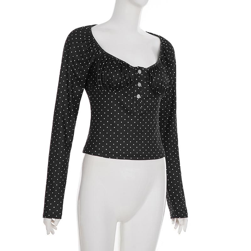 European & American Sweet Polka Dot Puff Sleeve Cropped Top with Button-Up & Round Neck - Slim Fit, Long Sleeve