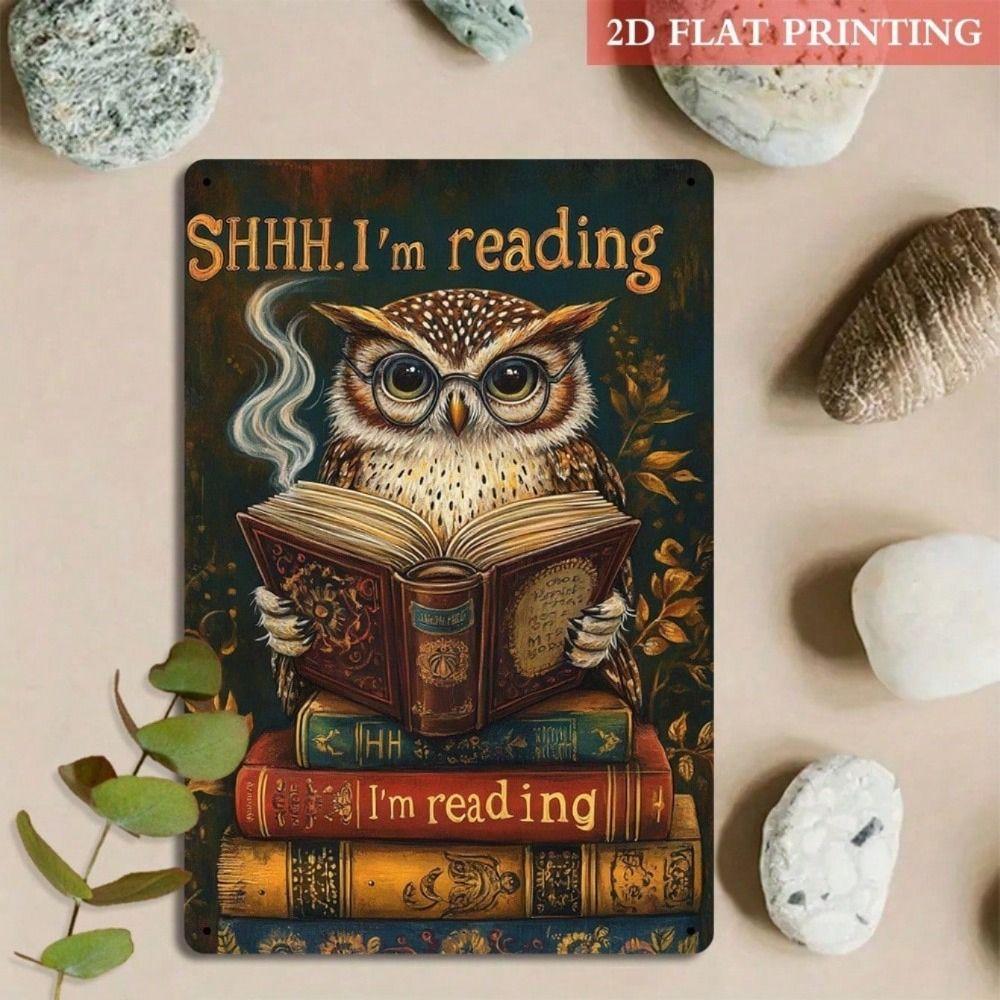 

Metal Poster Owl Reading Book Vintage Wall Art for Library
