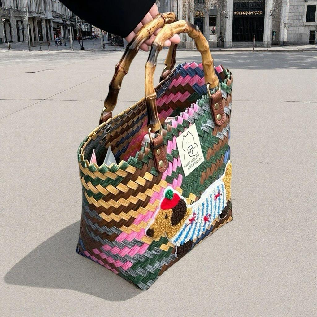 Handgefertigte bestickte Dackel gewebte Handtasche und Aufbewahrungskorb